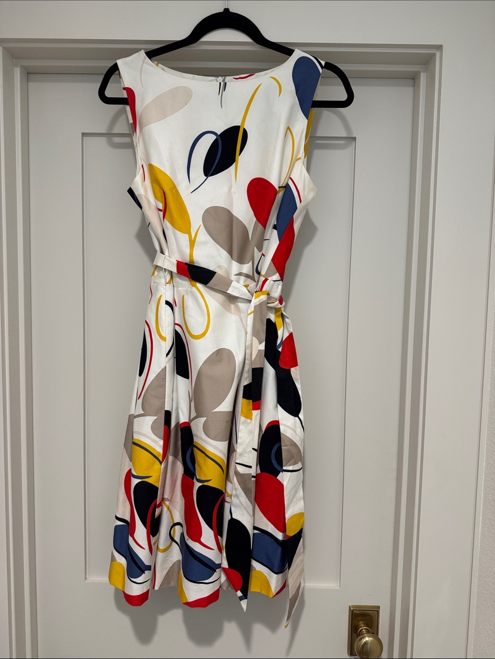 Anne Klein White Sleeveless Midi Dress with Red, Yellow, Navy & Tan Print